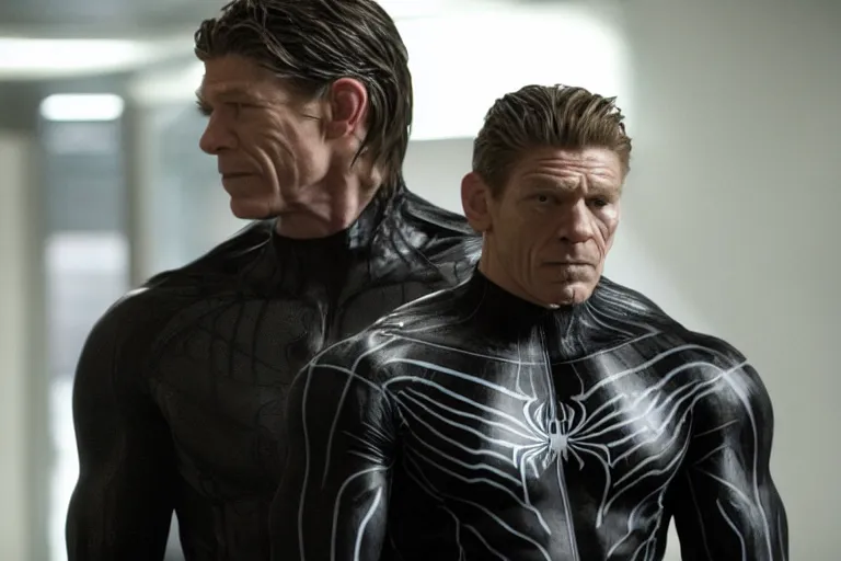 Image similar to film still of Thomas Haden Church as Eddie Brock wearing Venom costume without headpiece in Spider-man 3 2007, 4k