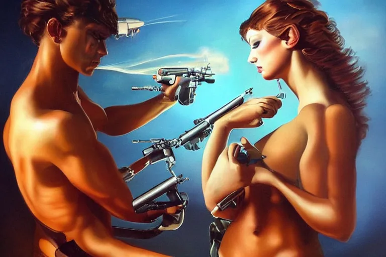 Image similar to beautiful sony alpha 7 camera, painting by vintage airbrush art and boris vallejo, poster, nice studio lighting, smooth tiny details, soft and clear shadows, low contrast, perfect