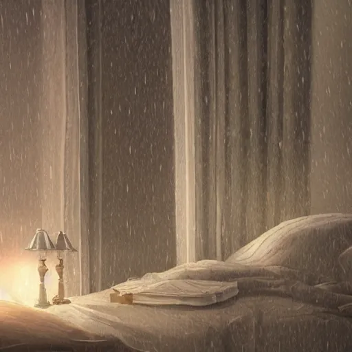 Image similar to on a rainy day, someone sits in bed, curled up under the covers, looking out the window, cinematic, artstation, extremely detailed, intricate, cinematic lighting