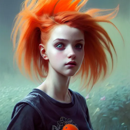 Prompt: portrait painting of a cute teenage girl with wild orange hair swept back wearing punk clothes, ultra realistic, concept art, intricate details, eerie, highly detailed, photorealistic, octane render, 8 k, unreal engine. art by artgerm and greg rutkowski and charlie bowater and magali villeneuve and alphonse mucha