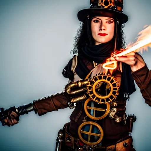 Prompt: photo of a female steampunk warrior with a flamethrower