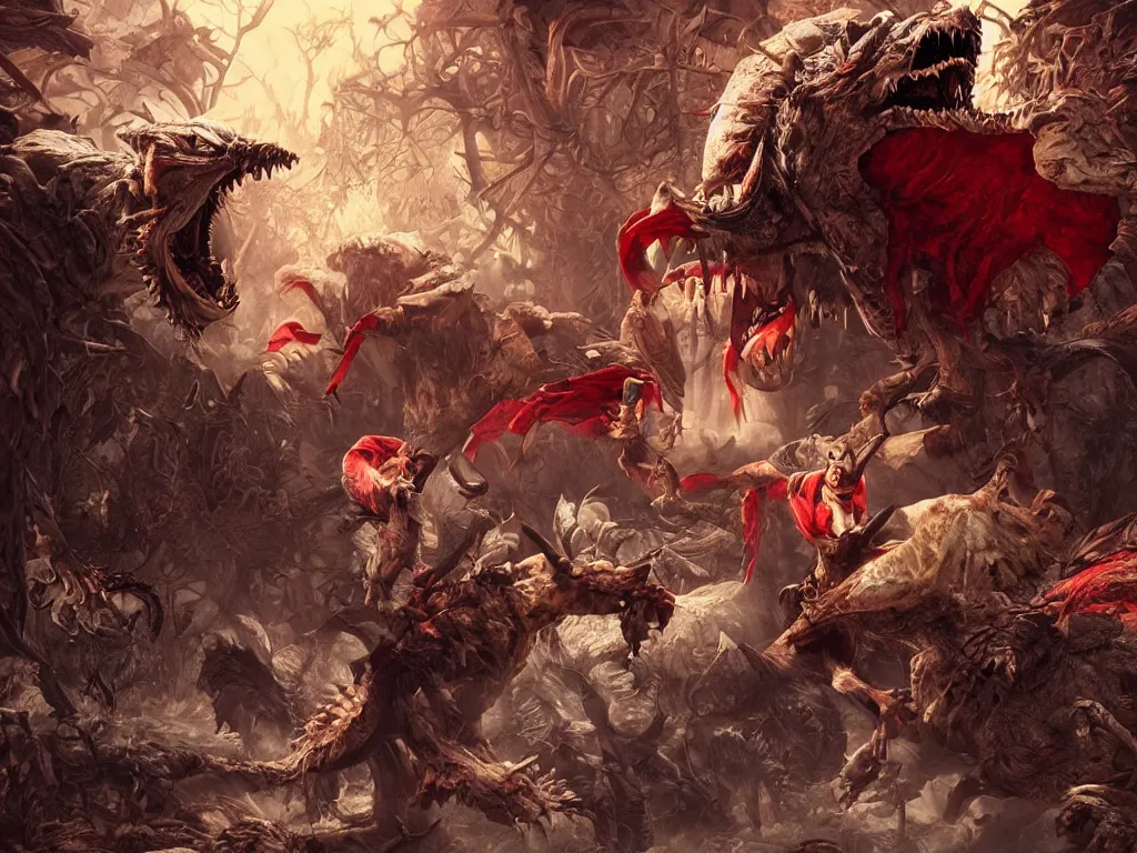 Prompt: Drunk mad mushroom-werewolf engaged in the social adaptation of monster hunter in red riding hood. Photorealistic, lifelike, Unreal Engine, sharp, detailed, 8K, by Gerald Brom, Dan Mumford, Stephan Martiniere