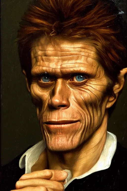 Image similar to an extremely high quality hd, portrait painting of 4 0 year old willem dafoe, renaissance oil painting, studious chiaroscuro, by h. r. ( hans ruedi ) giger, featured on cgsociety, afrofuturism, dystopian art, 8 k, ultra realistic, very realistic