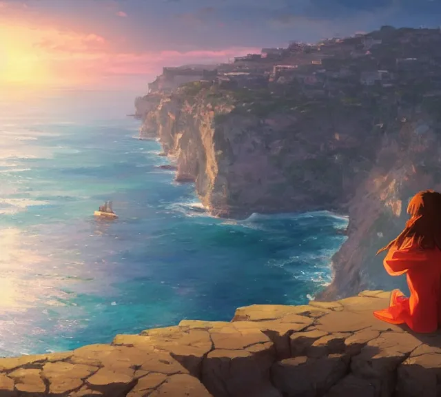 Image similar to a girl sitting on a cliff overlooking the sea. Atmospheric lighting, sunset, blue sea. By Makoto Shinkai, Stanley Artgerm Lau, WLOP, Rossdraws, James Jean, Andrei Riabovitchev, Marc Simonetti, krenz cushart, Sakimichan, trending on ArtStation, digital art.