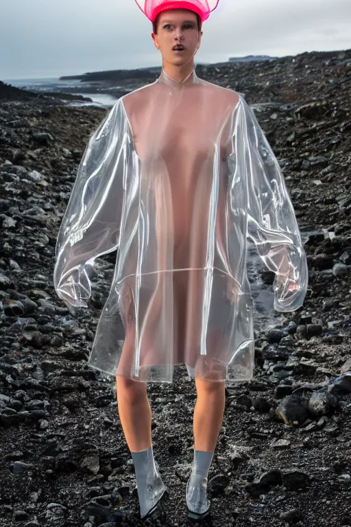 Image similar to an ultra high definition professional high fashion portrait studio full length photograph of a model wearing a transparent pearlescent raincoat and neon visor in an icelandic black rock environment at dawn. no artefacts. extremely detailed. stark. refraction. shallow depth of field. volumetric light and shadow. ray tracing. light rays.