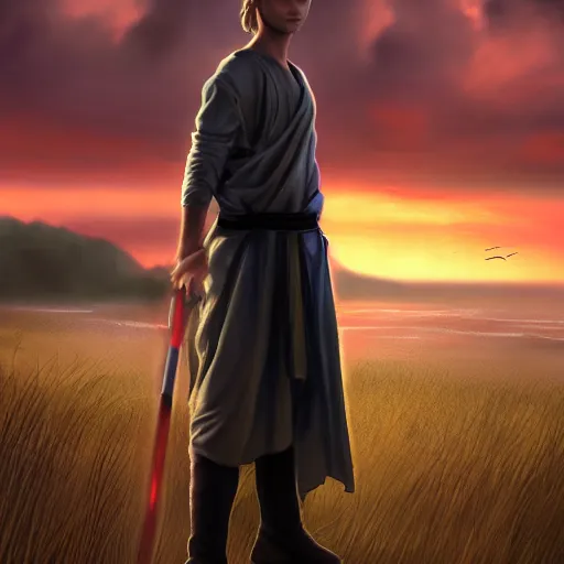 Image similar to a young male jedi with short dark blonde hair standing still looking at the sunset concept art by Doug Chiang cinematic, realistic painting, high definition, concept art, portait image, path tracing, serene landscape, high quality, highly detailed, 8K, soft colors, warm colors, turbulent sea, high coherence, anatomically correct, hyperrealistic, concept art, defined face, five fingers, symmetrical