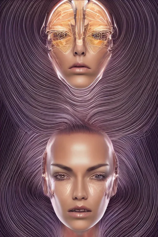 Image similar to organic cyborg head wrapped in silk by Hajime Sorayama and Jamie Coreth, trending on artstation, centered, symmetrical, electric hair, bilateral symmetry, 80s poster, polished, thick smoke, retro dark vintage sci-fi, 2D matte illustration