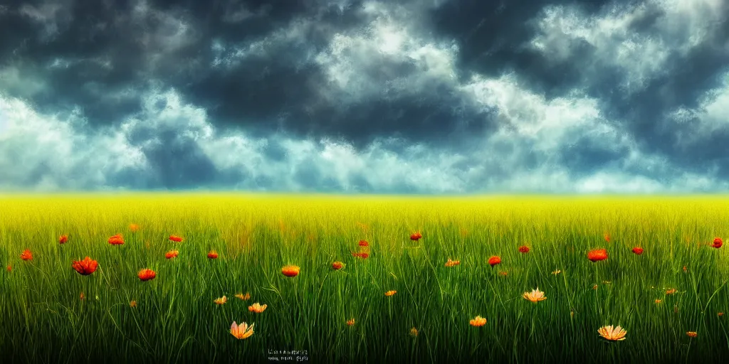 Prompt: A beautiful field full of flowers and grass with billowing clouds in the distance, digital art, trending on artstation, 4k