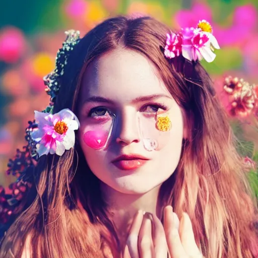Image similar to a portrait of a young lady with perfect face, hot summertime hippie, fancy dress , flowers background , sunny day, highly detailed, realistic portrait, perfect design, natural light