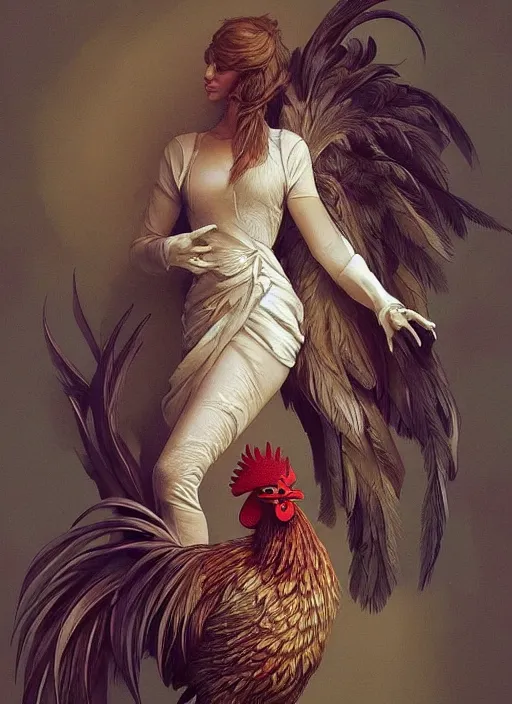 Image similar to full figure ultra realistic illustration, rooster, beautiful, intricate, elegant, highly detailed, digital painting, artstation, concept art, smooth, sharp focus, illustration, art by artgerm and greg rutkowski and alphonse mucha