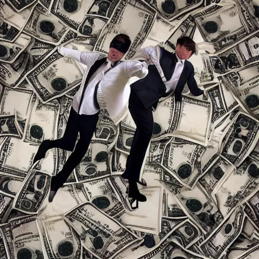 Prompt: « businessmen dancing aroud a pile of burning dollar bills »