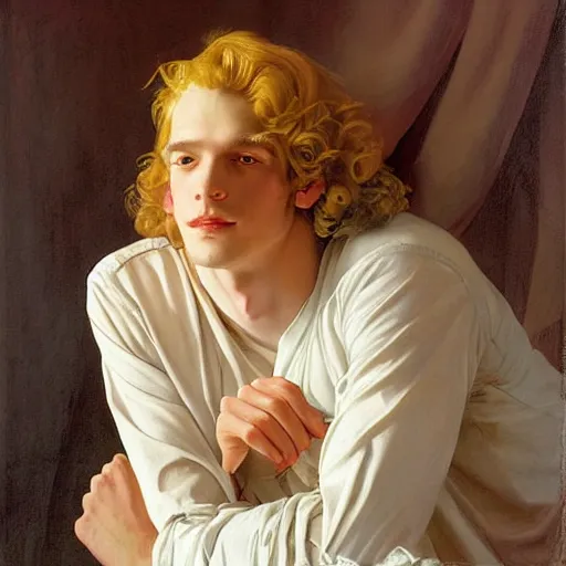 Prompt: beautiful portrait painting of the androgynous pale blond prince Lucius with long curly blond hair, delicate young man wearing a soft white poet shirt smiling sleepily at the viewer, curtain bangs Center parted fringe over his eyebrows, in love by J.C Leyendecker and Norman Rockwell