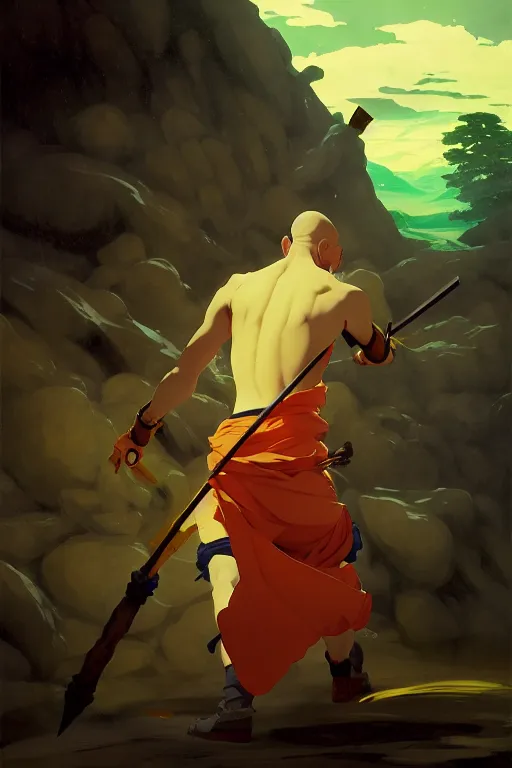 Prompt: baroque oil painting of key visual portrait concept art of anime monk fighting with a wood weapon in a dungeon, brutalist, dark fantasy, rule of thirds golden ratio, fake detail, trending pixiv fanbox, acrylic palette knife, style of makoto shinkai studio ghibli genshin impact jamie wyeth james gilleard greg rutkowski chiho aoshima