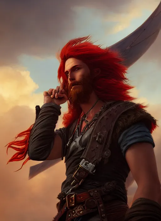 Prompt: An epic fantasy comic book style portrait painting of a long haired, red headed male sky-pirate in front of an airship, unreal 5, DAZ, hyperrealistic, octane render, by Greg Rutkowski, RPG portrait, dynamic lighting