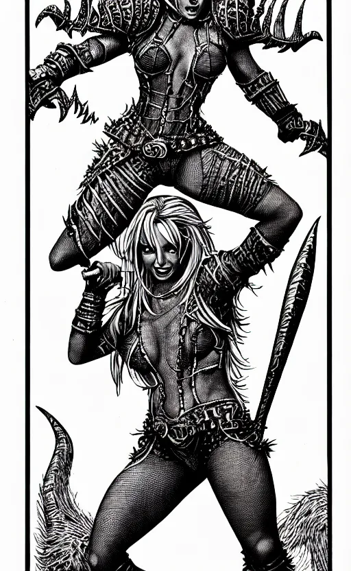 Image similar to britney spears as a d & d monster, full body, pen - and - ink illustration, etching, by russ nicholson, david a trampier, larry elmore, 1 9 8 1, hq scan, intricate details, inside stylized border
