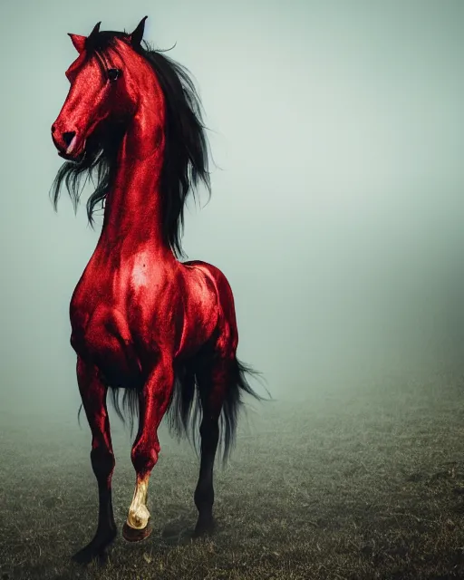 Prompt: photo of a demonic horse, with an emaciated skinny human body. it has albino skin, long shiny black hair and red glowing eyes, it is wearing a long black silk nightgown, moody, foggy and atmospheric, golden hour, soft focus, horror