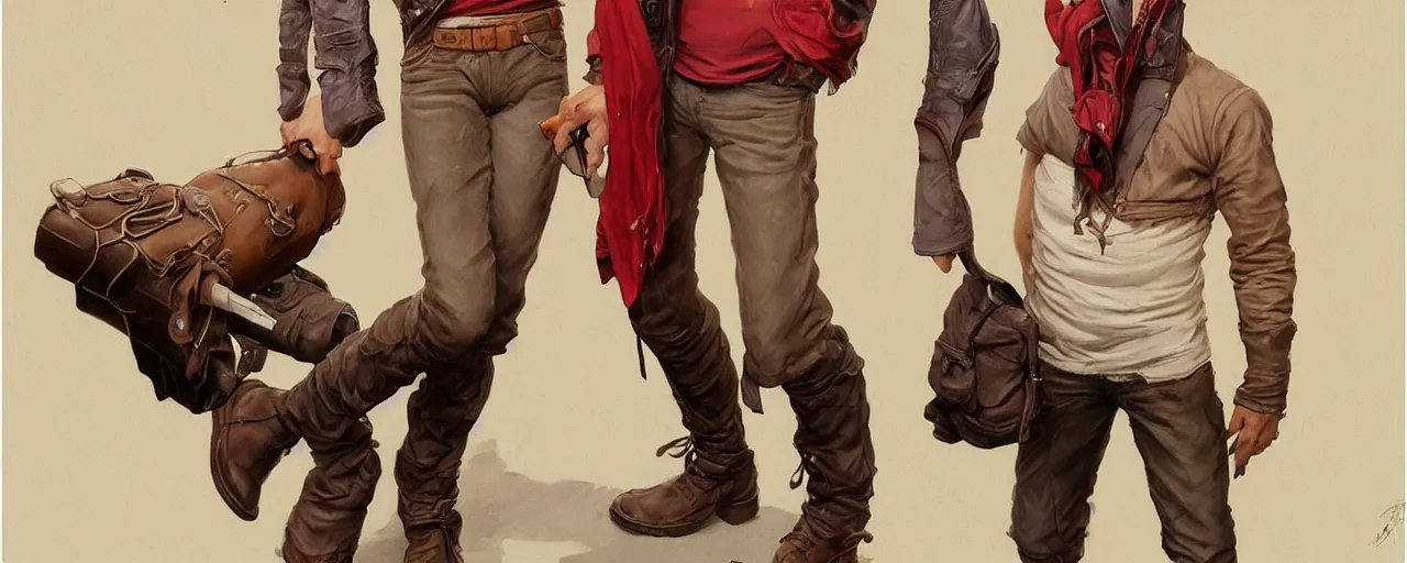 Image similar to character design, turnaround, full body, 40's adventurer, unshaven, optimistic, stained dirty clothing, straw hat, riding boots, red t-shirt, dusty brown bomber leather jacket, detailed, concept art, photorealistic, hyperdetailed, 3d rendering , art by Leyendecker and frazetta,