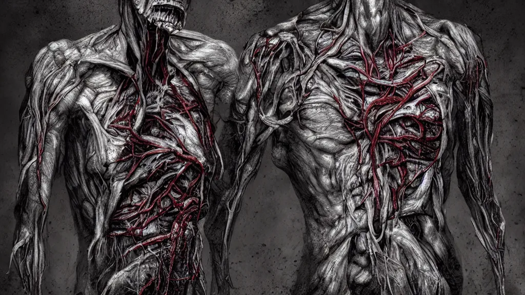 Prompt: monster made of guts and veins. Eldritch, horror, 8K, concept art, filmic, HDR, hyperrealism, volumetric lighting, Dark art