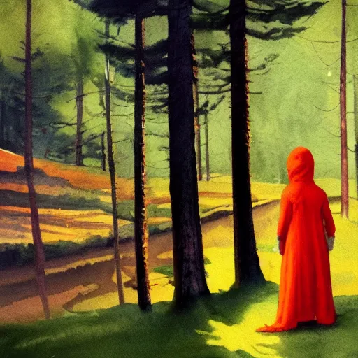 Prompt: Little Orange Riding Hood wear a dress in the valley, dark ambient beautiful, neoplasticism, 8k resolution, road into the forest with a lake, watercolor, detailed painting, art style by Edward Hopper daring, incredible, trending on Artstation