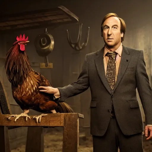 Prompt: saul goodman and a rooster in a medieval torture chamber, saw blades and knives in the background, horror movie, saul goodman, bob odenkirk, rooster!!!!, real life photo, highly detailed face