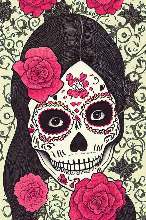 Prompt: Illustration of a sugar skull day of the dead girl, art by hasui kawase