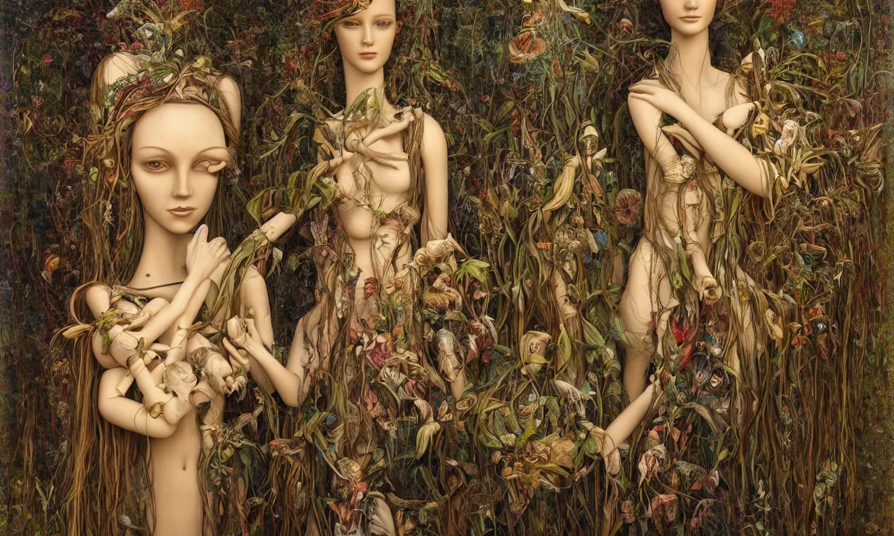 Prompt: a portrait of a beautiful female mannequin, a jointed wooden doll with long flowing hair, holding each other, big moths, big lilies, by James C. Christensen, by Tomasz Alen Kopera, by Ansel Adams