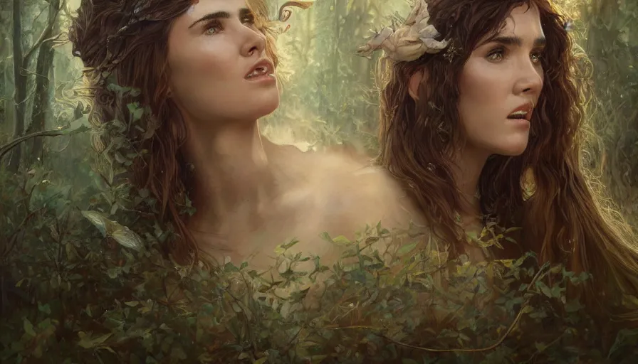 Prompt: A beautiful detailed painting of jennifer connelly as a female angel warrior in a magical forest by alphonse muchaand Kalin Popov , Trending on artstation HD.