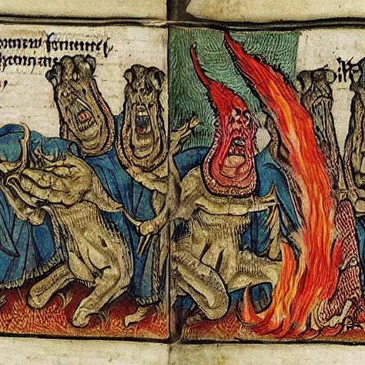 Image similar to medieval bestiary of repressed emotion monsters and creatures starting a fiery revolution in the psyche