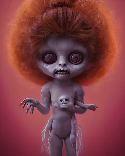 Image similar to one singular portrait of a cute bioluminescent creepy doll, highly detailed, digital painting, cinematic, hyper realism, dark retrowave, art by mark ryden and pixar and artgerm and magali villeneuve and alphonse mucha, artstation, octane render, cgsociety