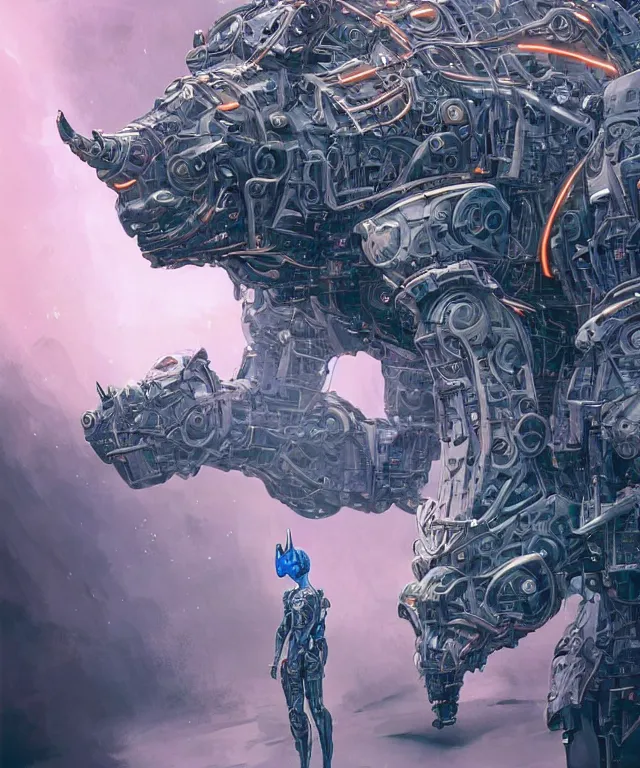 Prompt: an anthropomorphic rhinoceros portrait wearing a part cybernetic body, surrealism , scifi, intricate mecha armor, elegant, highly detailed cybernetic body, neon glowing eyes, digital painting, artstation, concept art, smooth, sharp focus, illustration, art by Artgerm and moebius and Peter Mohrbacher,