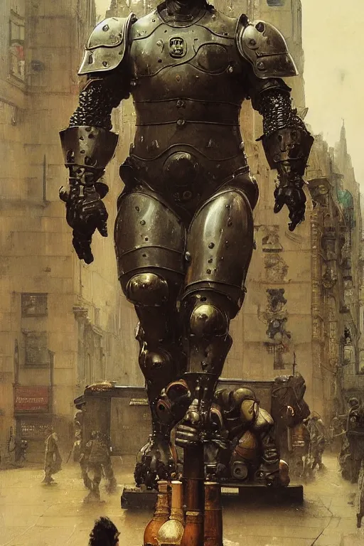 Image similar to a soldier on city street accompanies martyn ford as a huge bipedal dhell emon with bulbous torso wearing armour, painted by ruan jia, raymond swanland, lawrence alma tadema, zdzislaw beksinski, norman rockwell, jack kirby, tom lovell, alex malveda, greg staples