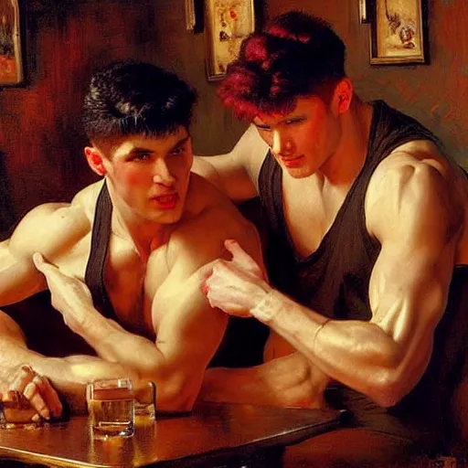 Image similar to attractive muscular male with red hair and muscular attractive male with black hair, drinking their hearts out, in a pub. very defined and highly detailed painting by j. c. leyendecker, gaston bussiere, craig mullins 8 k