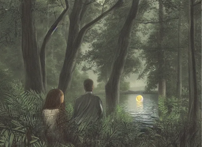 Image similar to A watcher, hidden in the forest spies on the young couple in the distance by the lake, view from behind the watcher his vision is slightly obscured by the foliage, moonlight,