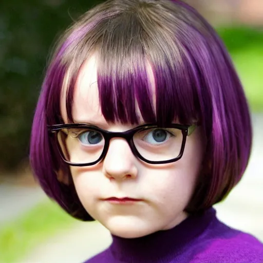 Prompt: matilda may is velma from scooby doo show, she is staring at the photographer,