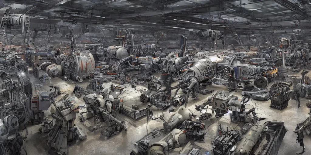 Image similar to a huge factory where they make battle droids for the military, art, high detail, high definition, 8k,