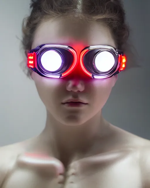 Image similar to centered portrait photo by bouguereau of female dancer as a cyberpunk mecha humanoid robotic parts wearing goggles with led lights, inside white room, ultra - realistic and detailed, 8 k