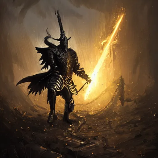 Image similar to anthropomorphic knight warrior wearing black and gold plate armor fighting a cyberdragon, oil painting, Tooth Wu, Greg Rutkowski, RPG, dynamic lighting, fantasy art, High contrast, depth of field, landscape, scenery