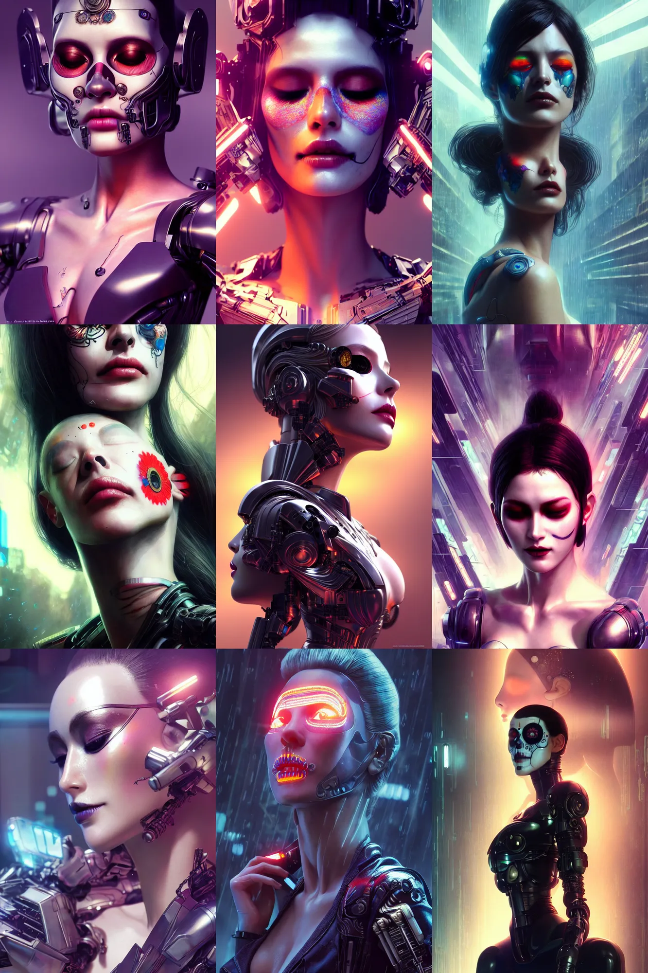 Image similar to beautiful android woman, eyes closed, photorealistic cinematic, 3 d model, cyborg, postcyberpunk, blade runner, octane render, concept art, vogue, 8 k, intricate detailed environment ( ( el dia los muertos ) ). by terry oneill and artgerm and kuciara and mucha