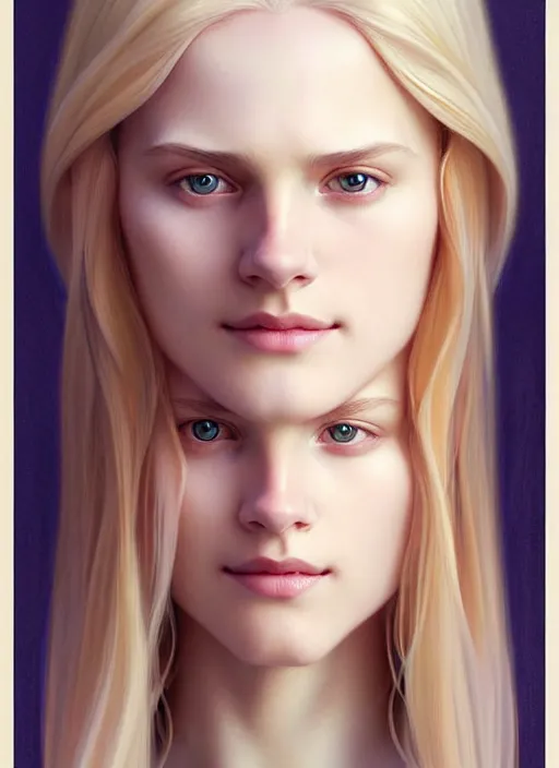 Image similar to symmetrical beautiful face, portrait of young woman blessed by god with ever - increasing physical and mental perfection, blonde hair, perfect face!! intricate, elegant, highly detailed, vision of holy perfection!! smile, digital painting, artstation, concept art, smooth, sharp focus, illustration, art by artgerm and greg rutkowski and alphonse mucha