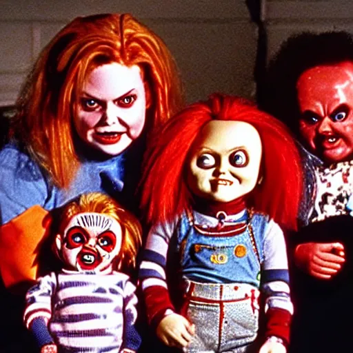 Prompt: Chucky the killer doll from the movie Child's Play surrounded by the Flodder family in a still from the dutch TV series Flodder (1993) 8k hdr