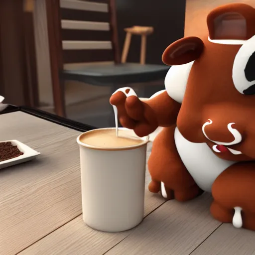 Prompt: cute furry cow character with a cup of coffee on top of his head, 3d render by Pixar, raytracing, 4k, dynamic lighting
