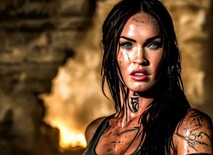 Prompt: film still of!!!! megan fox!!! as lara croft in new tomb raider movie, closeup portrait, exploring interior of torchlit aztec temple, glamour pose, dramatic lighting, octane, mist, volumetric lighting, 8 k