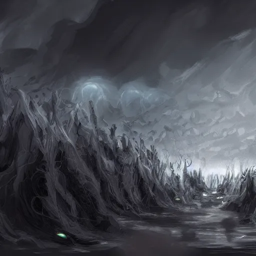 Image similar to dark storm clouds made out of hundreds of sad haunting faces. berserk. lovecraftian. magic the gathering. digital painting. trending on artstation.