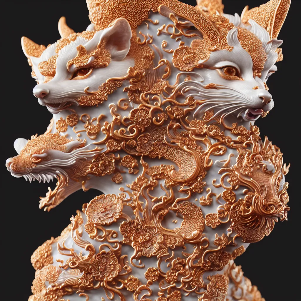 Prompt: a closeup photo - real delicate ceramic porcelain sculpture of an ornate detailed kitsune in front of a intricate background by victo ngai and takato yamamoto, micro detail, backlit lighting, subsurface scattering, translucent, thin porcelain, octane renderer, colorful, physically based rendering, japanese pottery, trending on cgsociety