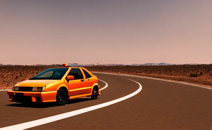 Image similar to photograph of a cell-shaded orange Honda EK9 Type-R, speeding on a desert road with a futuristic city in the horizon, kicking up dirt, action shot, one point perspective, sigma 85mm f/1.4, 4k, depth of field, high resolution, 4k, 8k, hd, full color