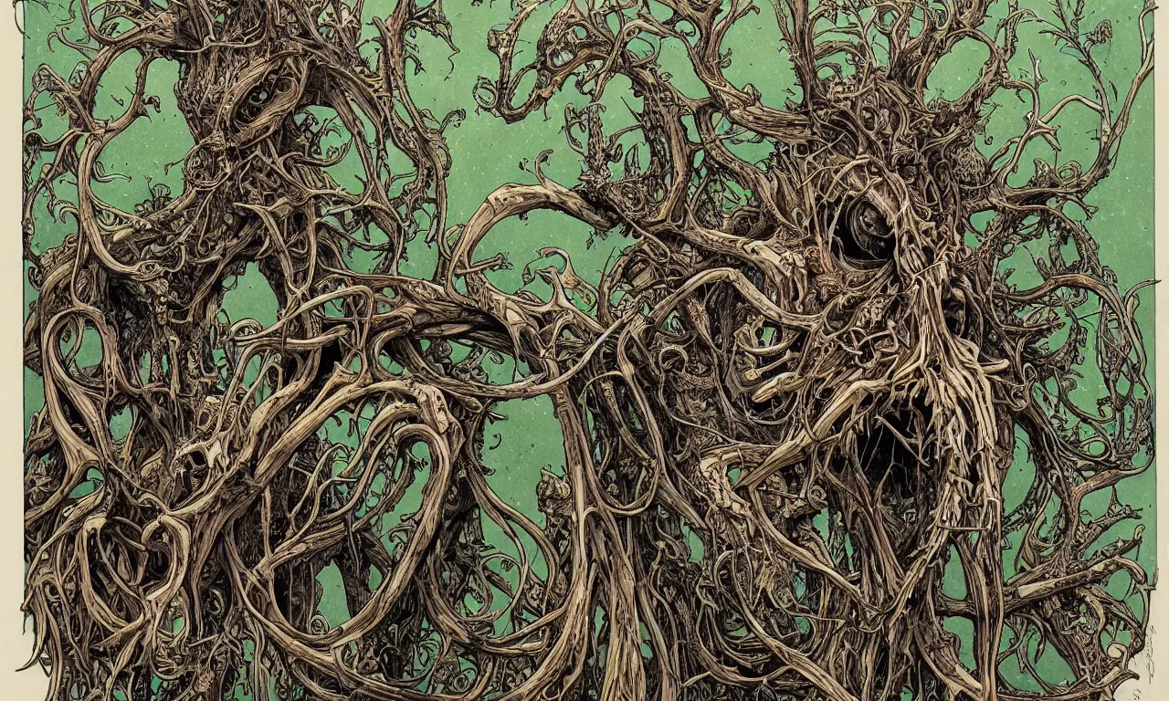 Image similar to hyperdetailed art nouveau portrait of treebeard as a cthulhu eyeball moose skull wendigo cryptid monster, by geof darrow, simon bisley and bill sienkiewicz, grim yet sparkling atmosphere, photorealism, claws, skeleton, antlers, fangs, forest, wild, crazy, horror, lynn varley, lovern kindzierski, steve oliff