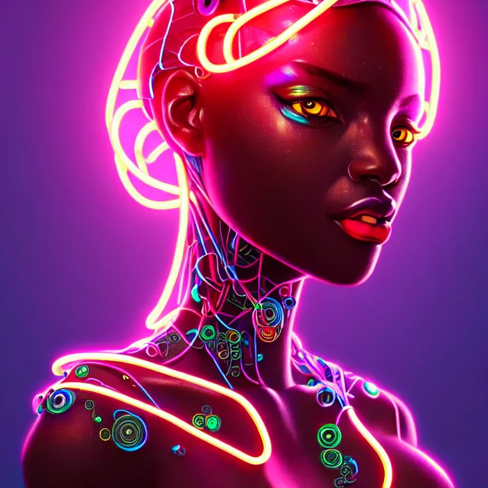 Prompt: beautiful african organic cyborg, neon tube connections, diffuse lighting, fantasy, intricate, highly detailed, lifelike, photorealistic, digital painting, artstation, illustration, concept art, smooth, sharp focus