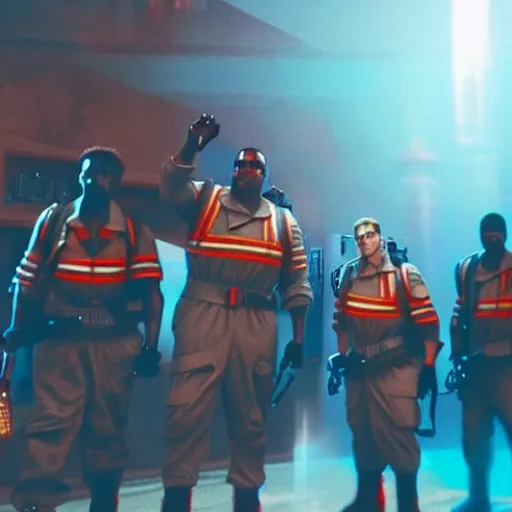 Image similar to kanye west in ghostbusters game, splash art, movie still, cinematic lighting, dramatic, octane render, long lens, shallow depth of field, bokeh, anamorphic lens flare, 8 k, hyper detailed, 3 5 mm film grain