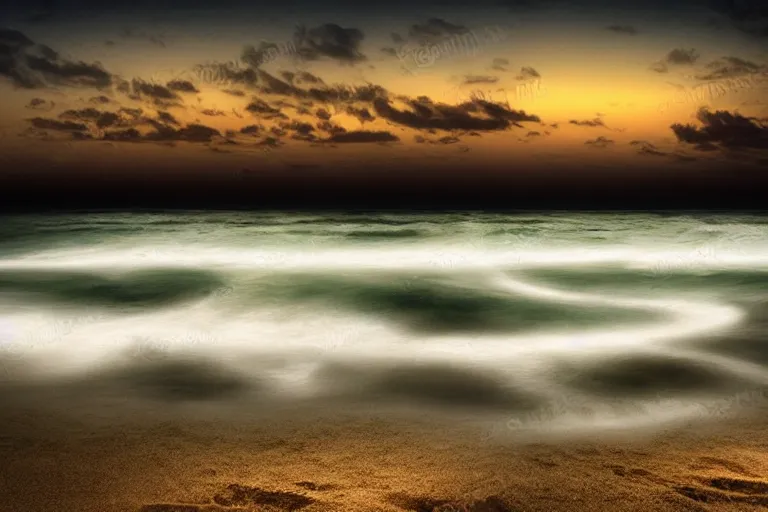 Image similar to bioluminescent waves, beach, night, landscape, relax atmosphere, magic atmosphere, photo realistic