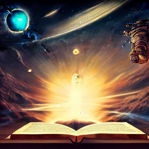 Image similar to front facing shot of an ancient book on a vintage table in space, concept art, sci - fi illustration, painting, realistic,, radiant light, detailed and intricate environment, 8 k, h 6 4 0